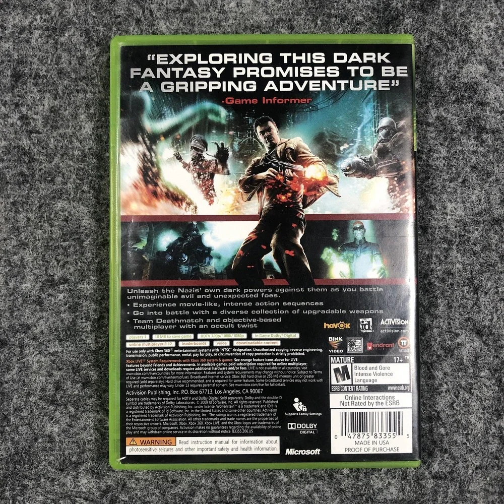 Wolfenstein Microsoft Xbox 360 2009 CIB Complete NTSC M Activision Shooter